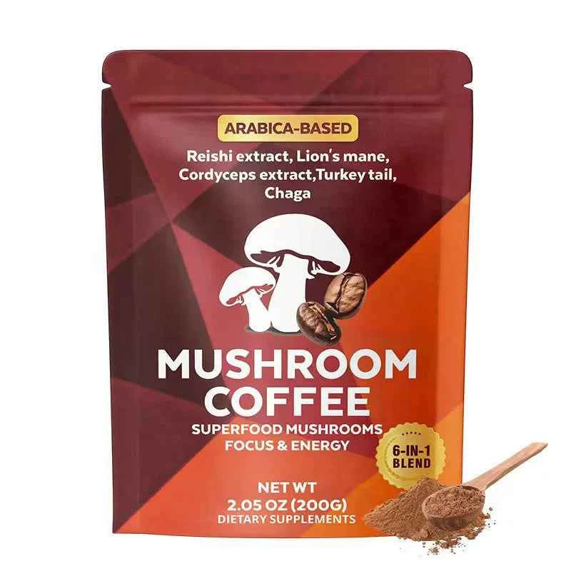 Mushroom coffee package with superfood ingredients on a white background
