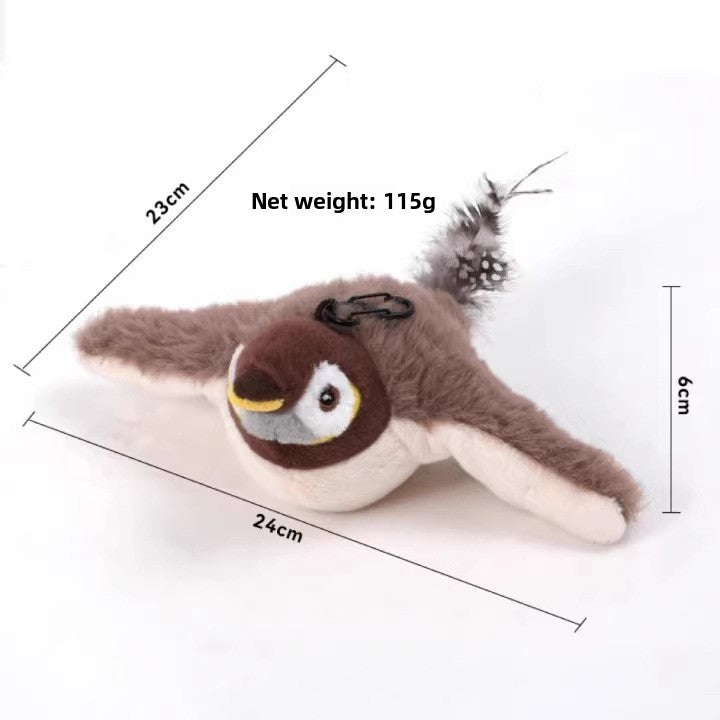 Plush bird toy with measurements and weight on a white background