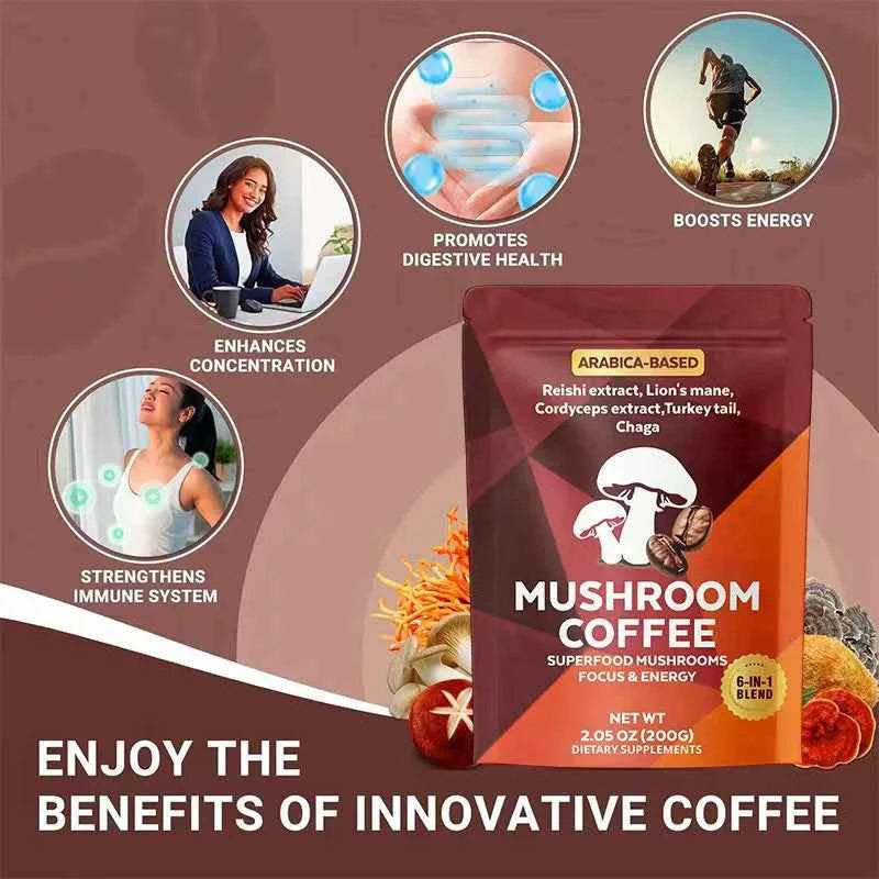 Mushroom coffee package with health benefits on a brown background