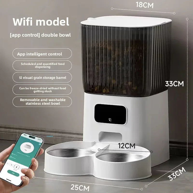 Pet food dispenser with app control and dimensions displayed