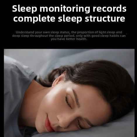 Woman sleeping with text about sleep monitoring records and sleep structure.