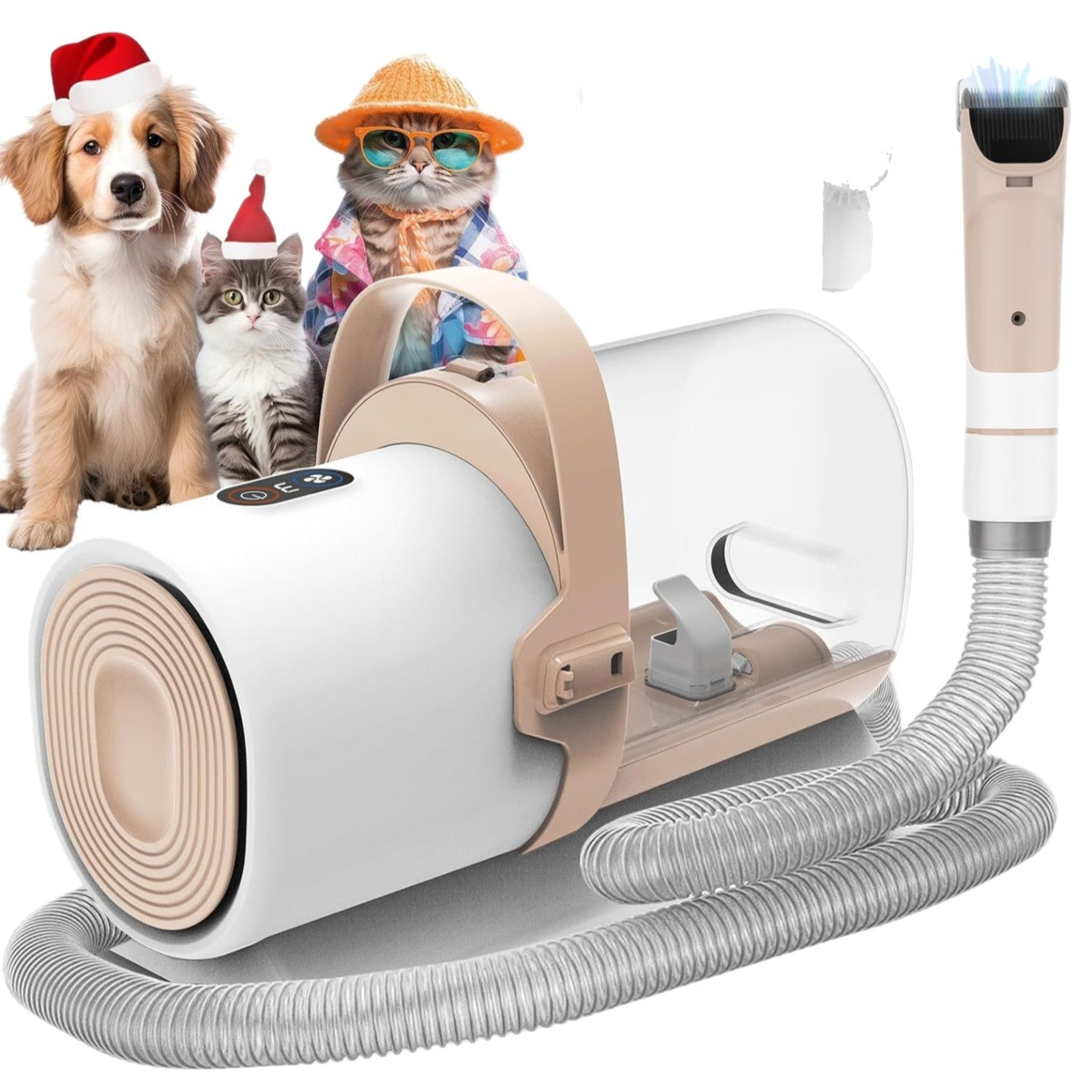 Pet grooming tool with a dog and cat on top, surrounded by grooming equipment.