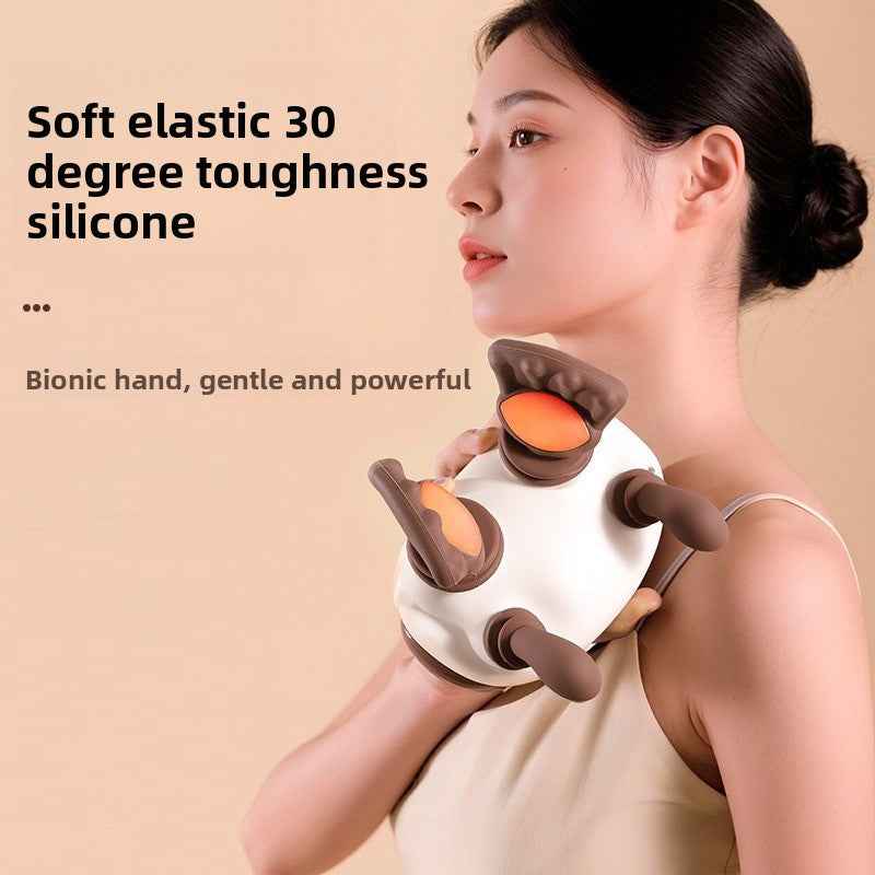 Woman using a bionic hand device on her shoulder with text about silicone properties.