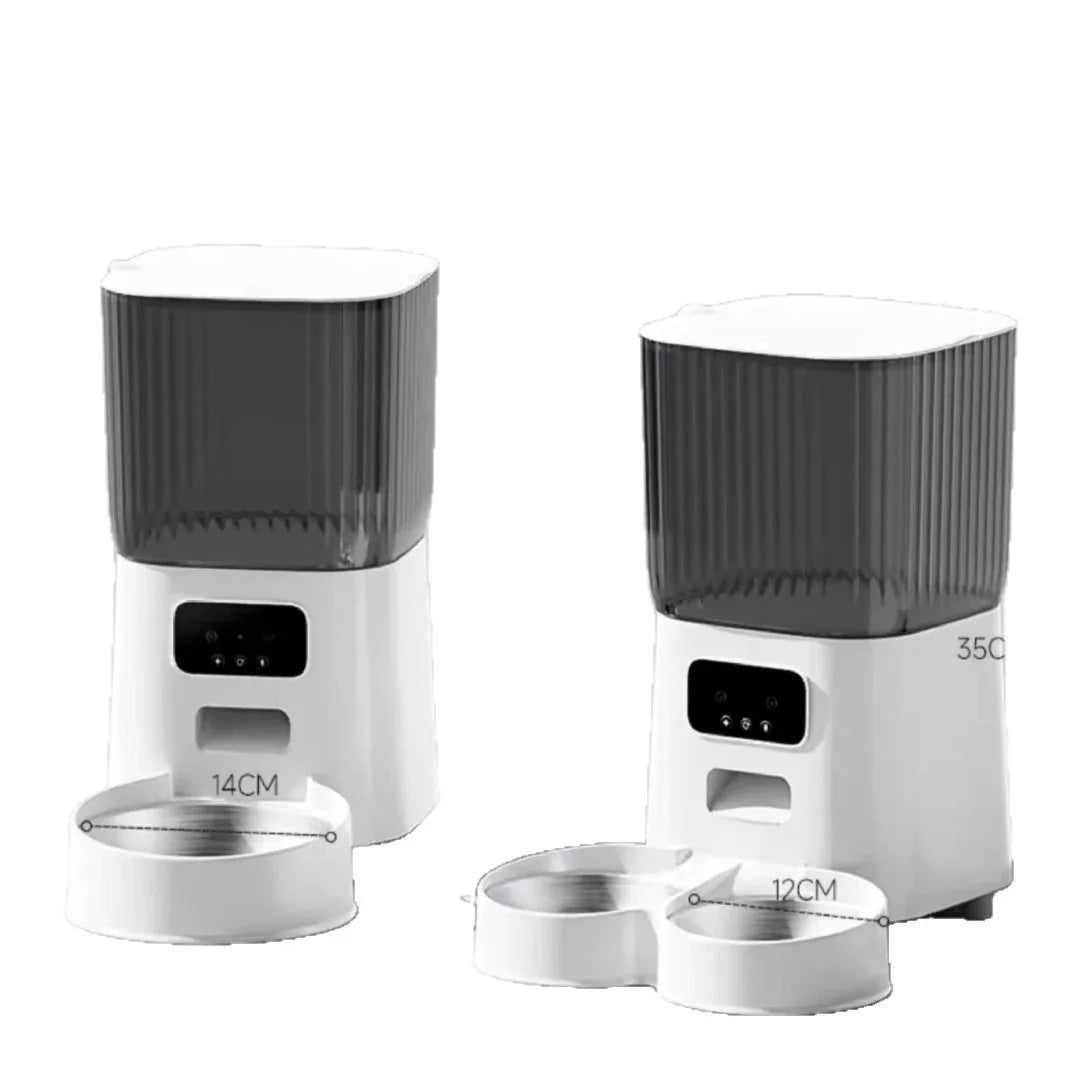 Two white and gray electronic devices with digital displays on a white background