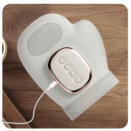 Air pressure hand massager showing ergonomic finger chambers and heating function control for hand wellness