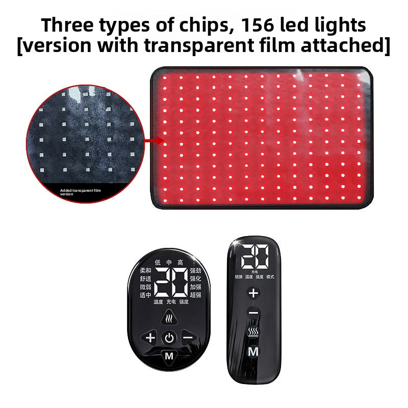LED light panel with remote controls and text about chip types and LED lights.