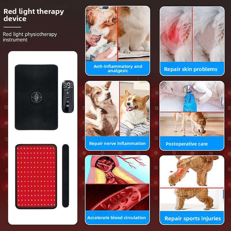 Red light therapy device for pets with images and text highlighting its uses.