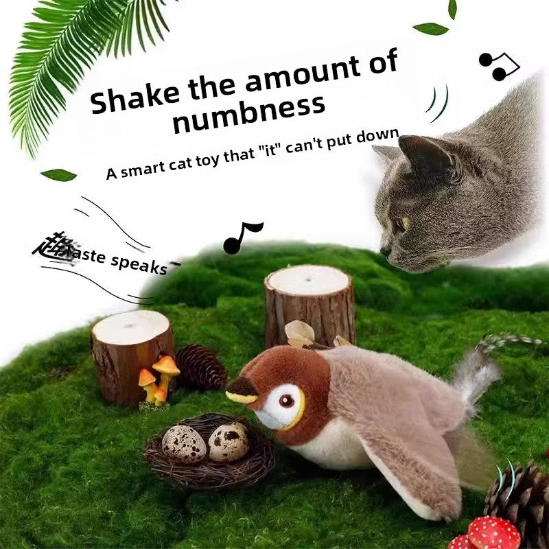 Cat toy with a bird and nest on grass, cat looking at it, text about numbness