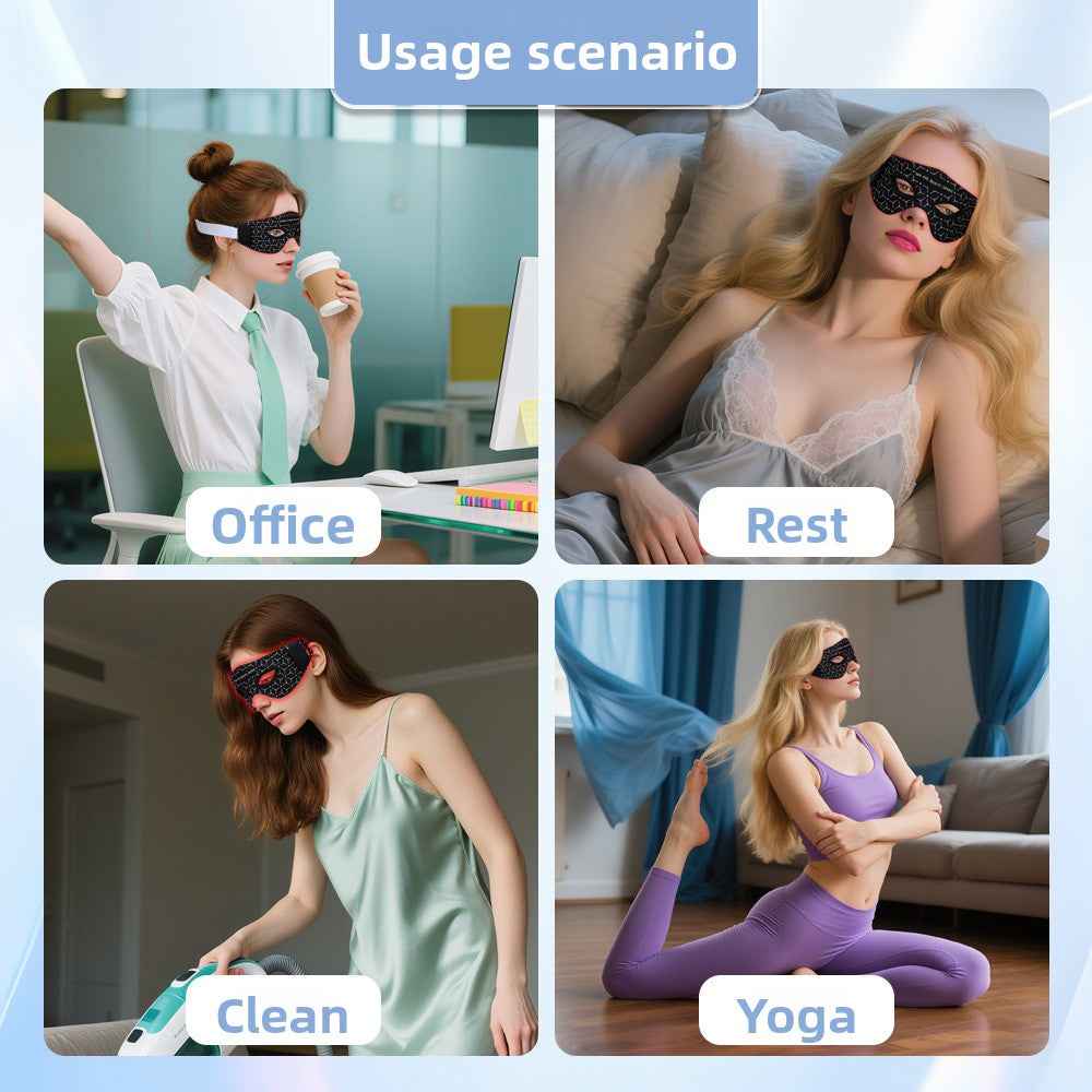 Person wearing eye massager device during relaxation session