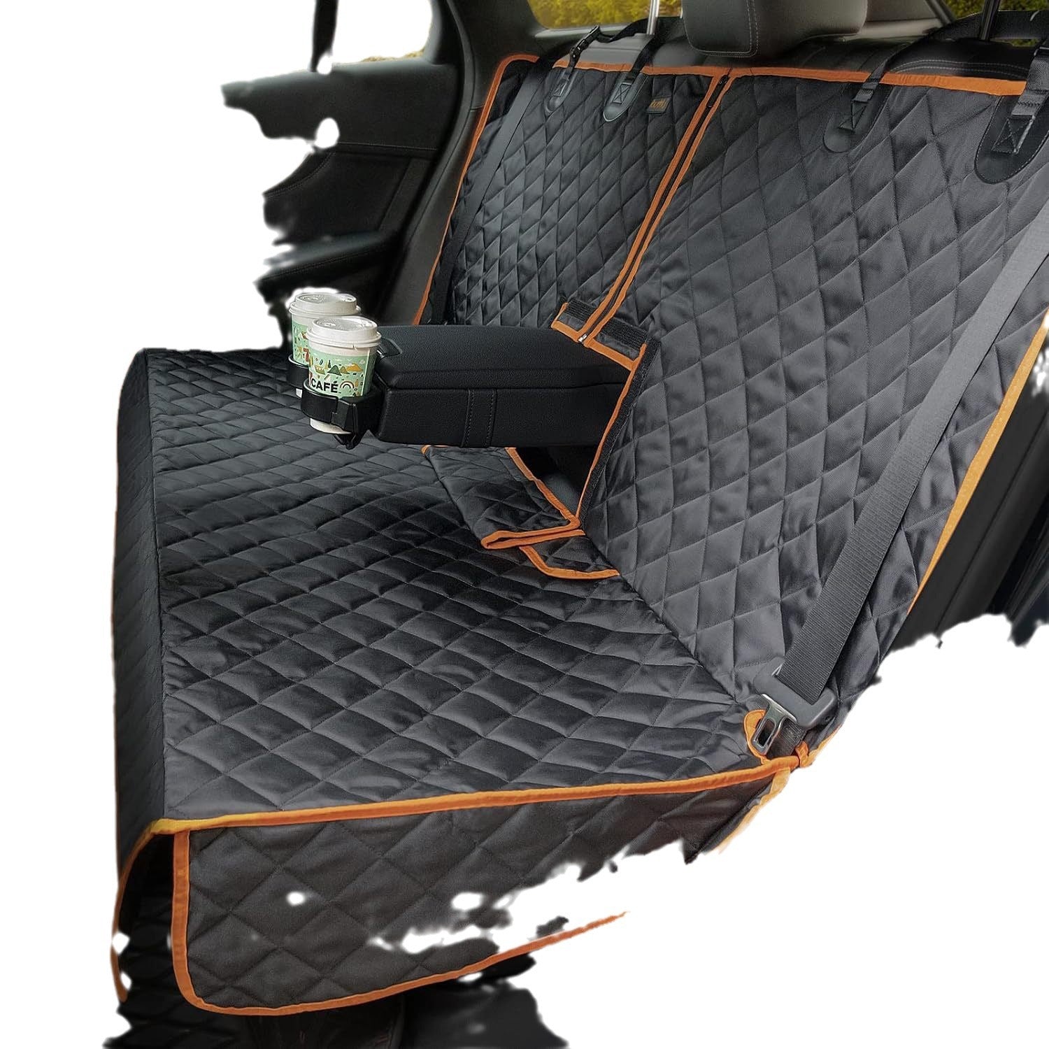 Car trunk with a black quilted cover and cup holder on a white background