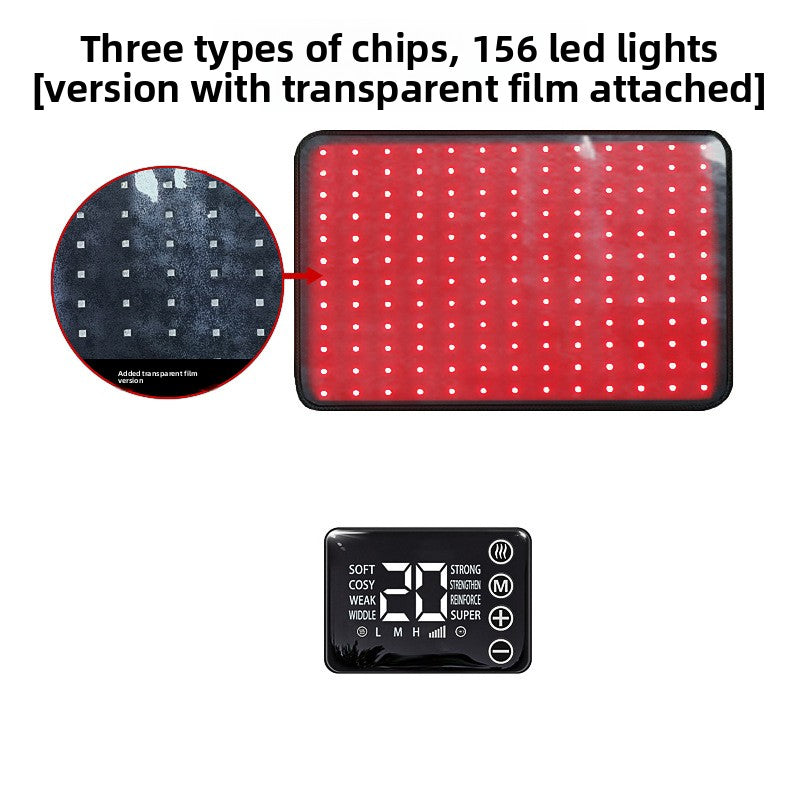 LED light panel with transparent film attached, showing close-up of film and light pattern, with control panel at the bottom.