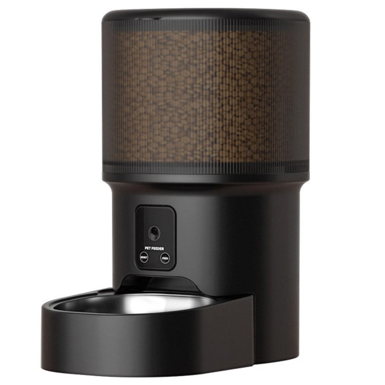 Black pet feeder with a textured top on a white background