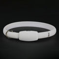 White dog collar with a clip on a black background
