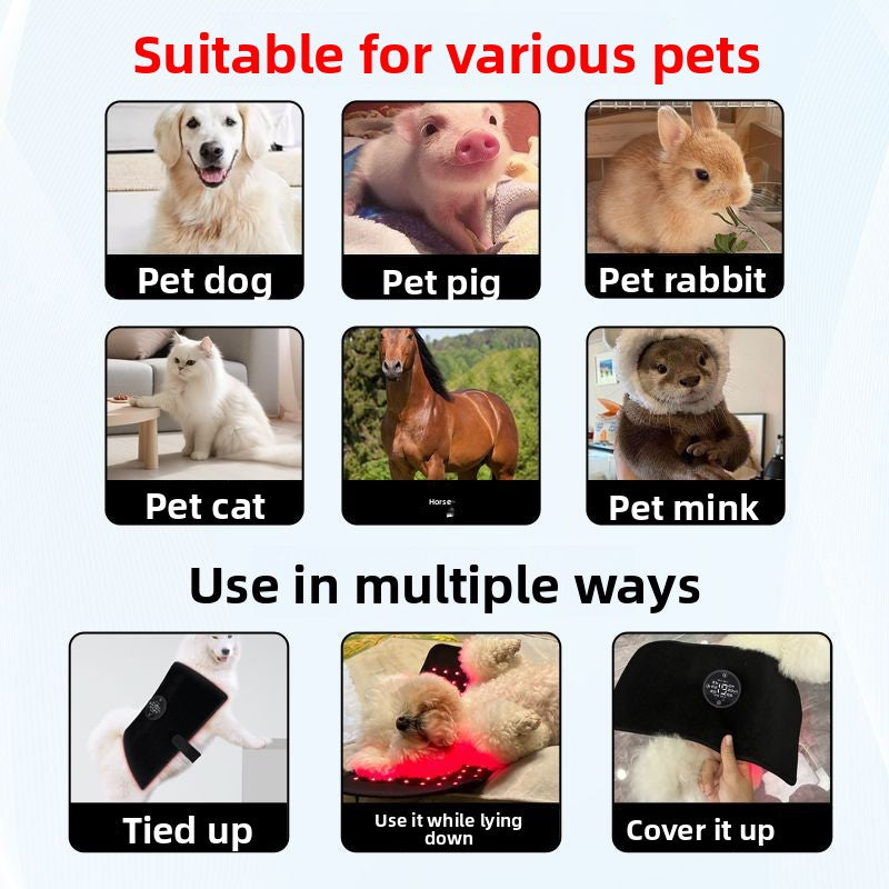 Product advertisement showing various pets and uses on a light blue background