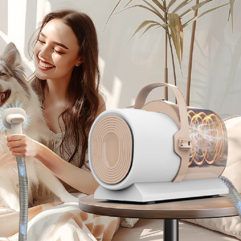 Woman using a pet hair dryer with a stylish design in a home setting