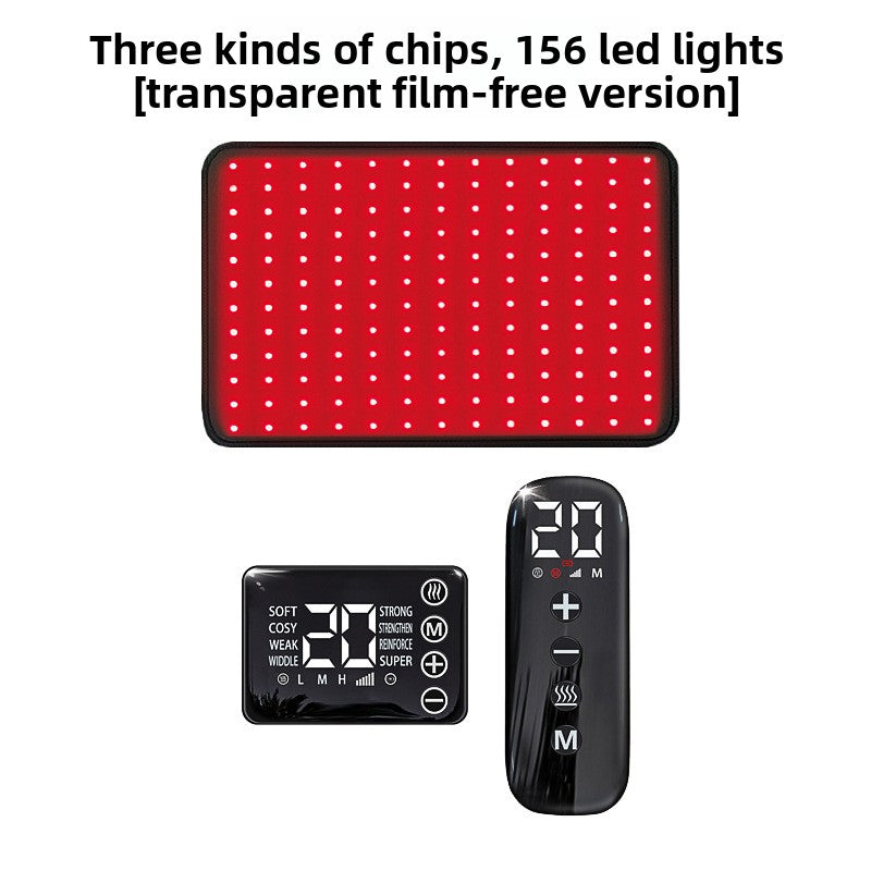 Red LED panel with digital controller and remote on a white background