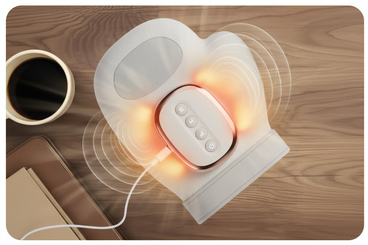 Hand massager demonstrating air pressure compression system with integrated heat for hand and finger comfort