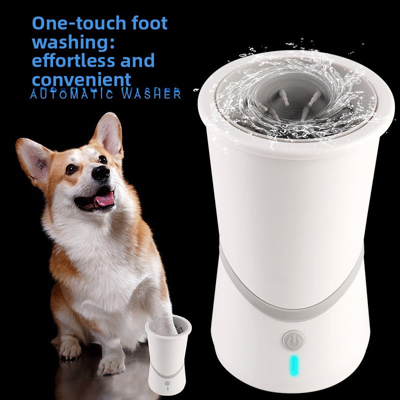 Automatic foot washer for pets with a dog next to it on a black background