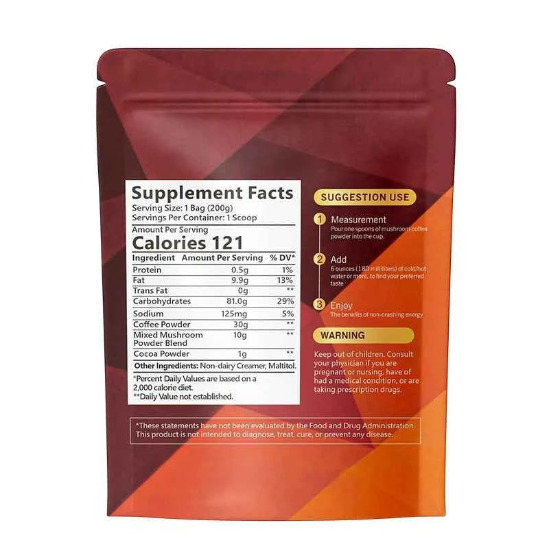 Supplement package with red and orange design and supplement facts label.
