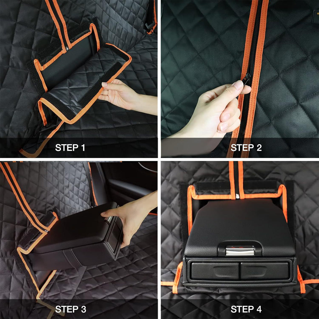 Step-by-step guide on how to use a car seat cover with orange accents.
