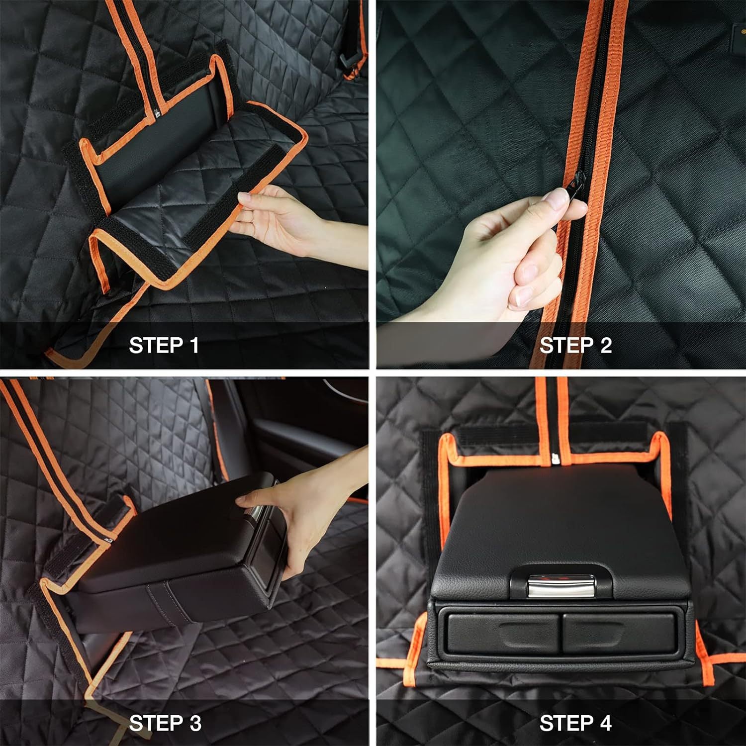 Step-by-step guide on how to use a car seat cover with orange accents.