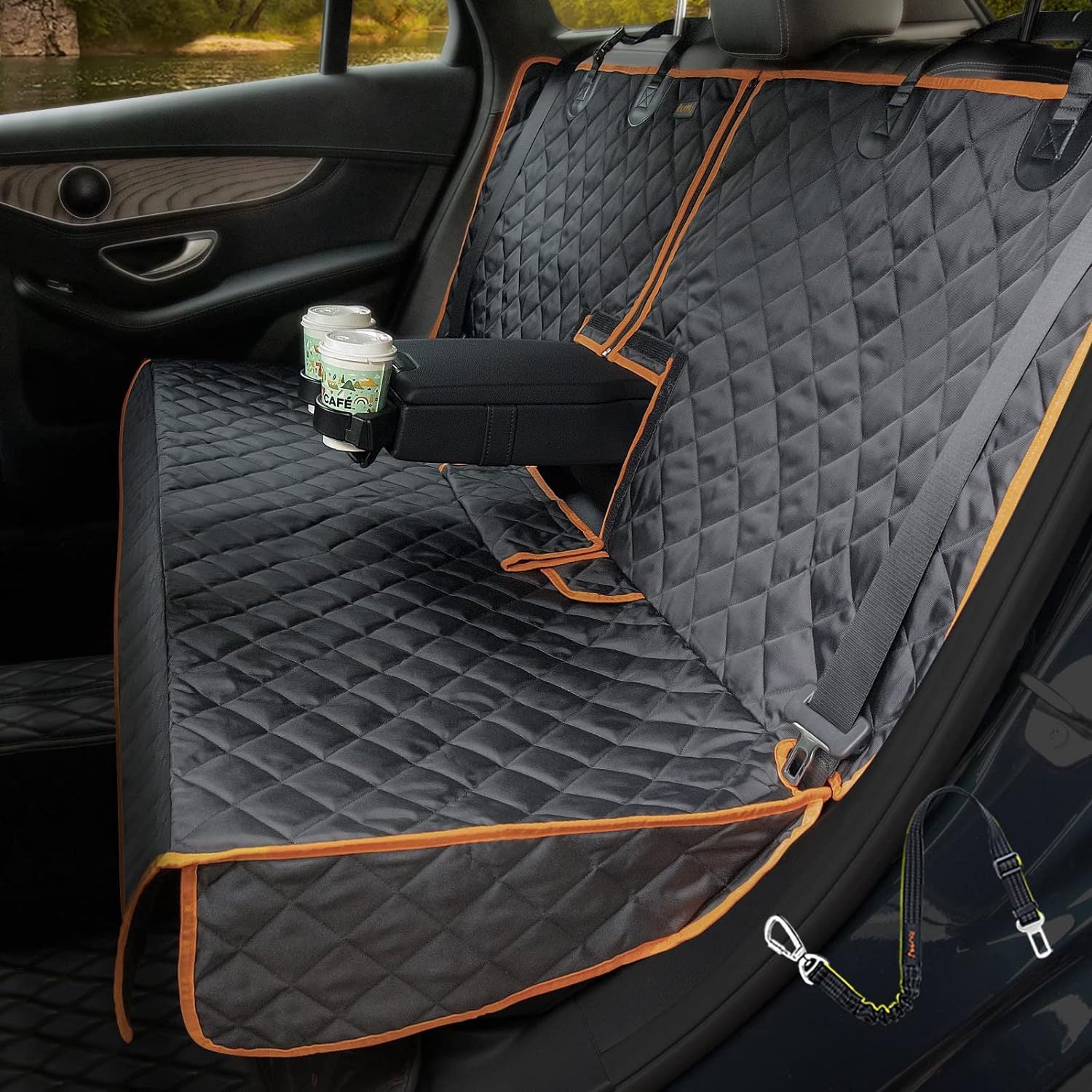 Car seat cover with cup holder and storage pocket in a vehicle