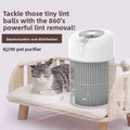 Pet purifier with a cat on a wooden bed, text about lint removal and deodorization.