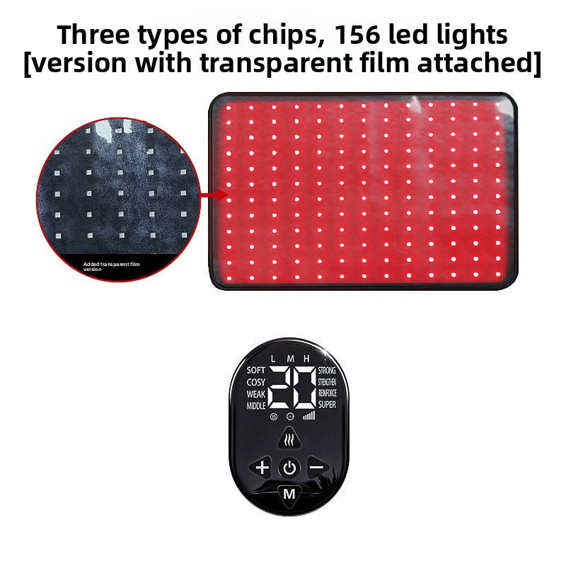 LED light panel with transparent film and remote control, featuring text about chip types and LED lights.
