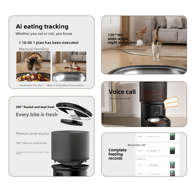 Collage of a pet feeding system with features like AI eating tracking, voice call, and complete feeding records.