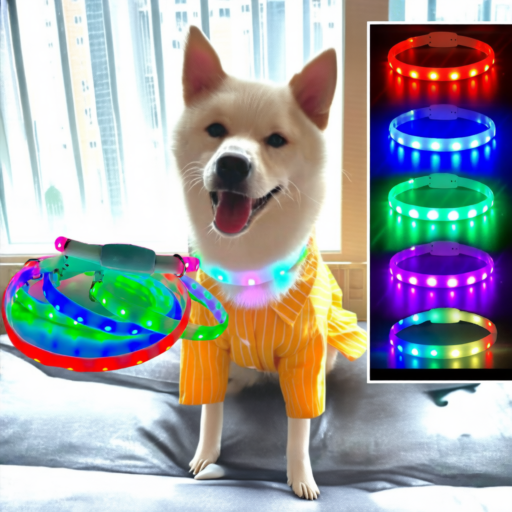 Dog wearing a colorful LED collar and hoop with inset images of LED collars in various colors.