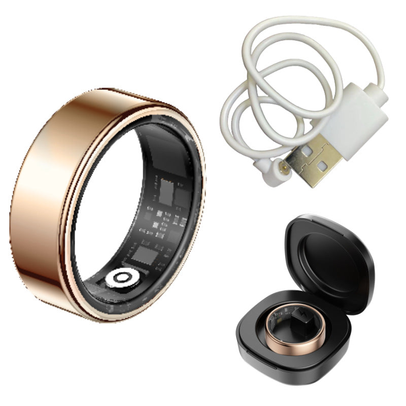 Smart ring with USB cable and charging case on a white background