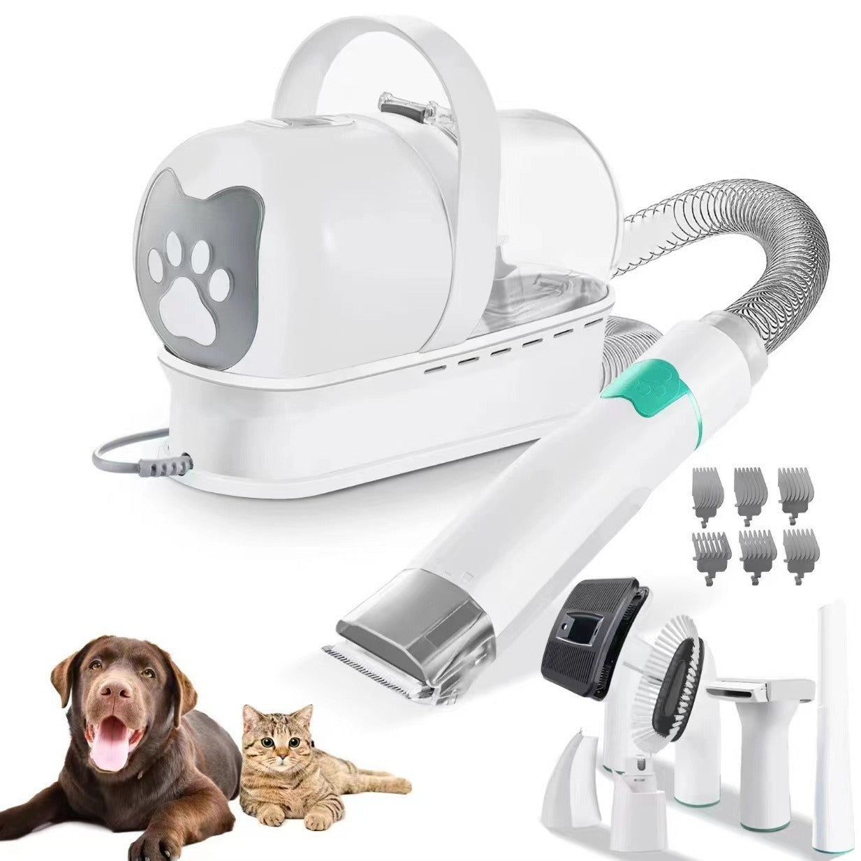 Pet grooming tool set with a white machine, attachments, and a dog and cat on a white background.