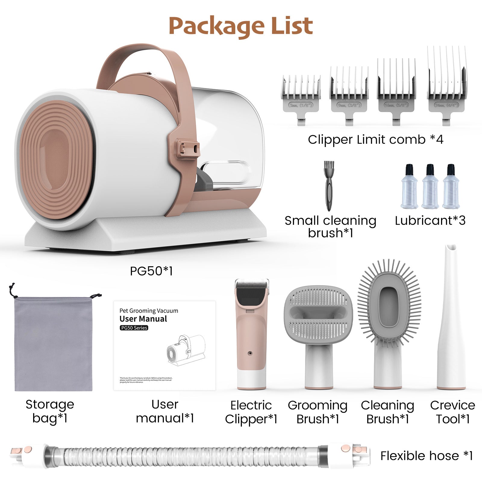 Package list of grooming tools including a vacuum cleaner, clippers, brushes, and cleaning supplies on a white background.