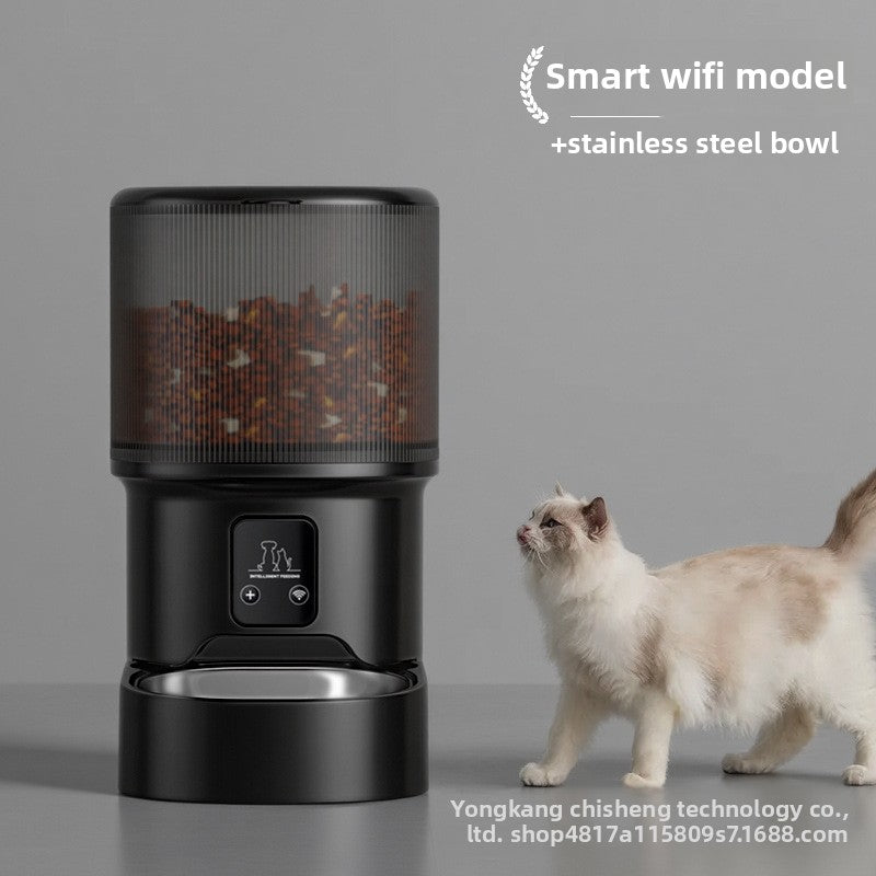 Smart pet feeder with a cat next to it on a gray background