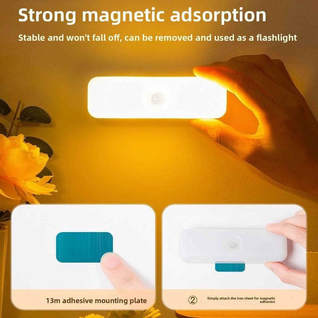 Rechargeable motion sensor night light with magnetic charging base for hallways