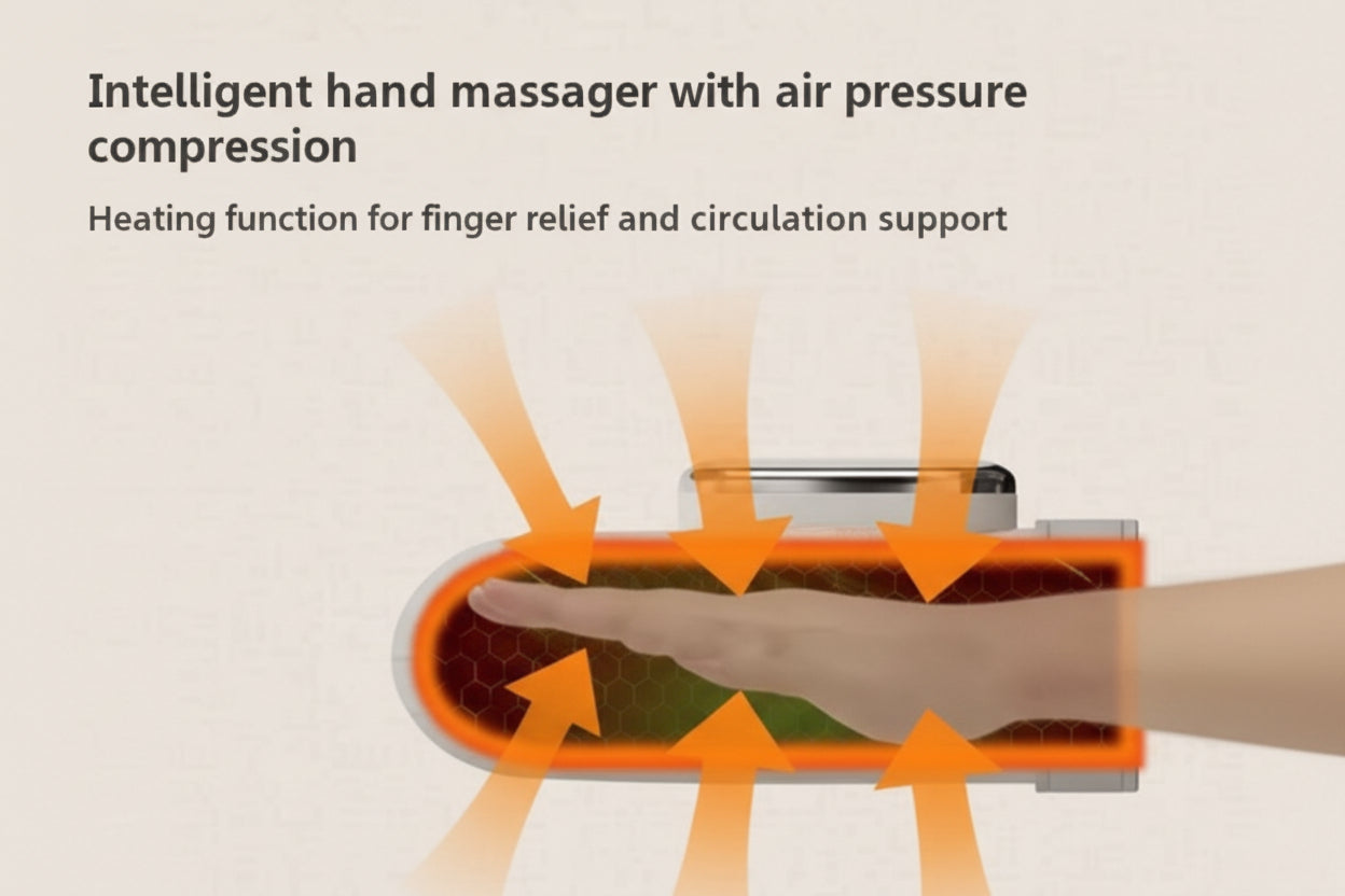 Intelligent hand massager with air pressure compression and heating function for finger relief and circulation support