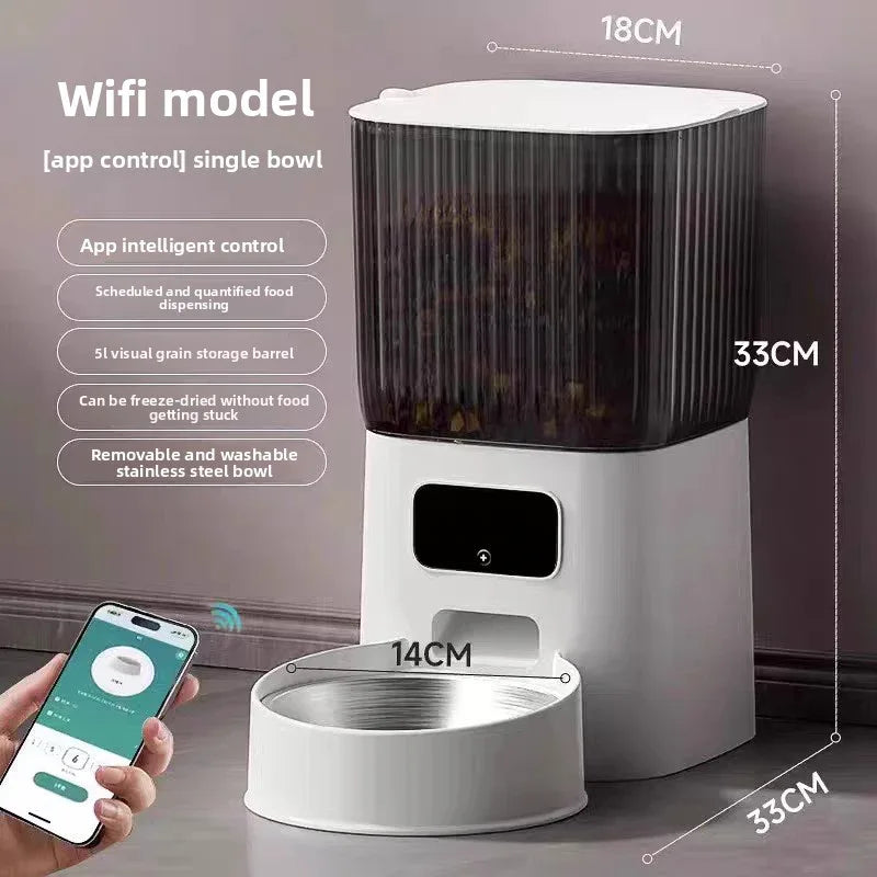 Smart pet feeder with app control and dimensions displayed