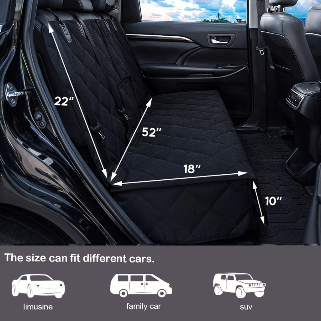 Car seat cover with measurements inside a vehicle, showing compatibility with different car types.
