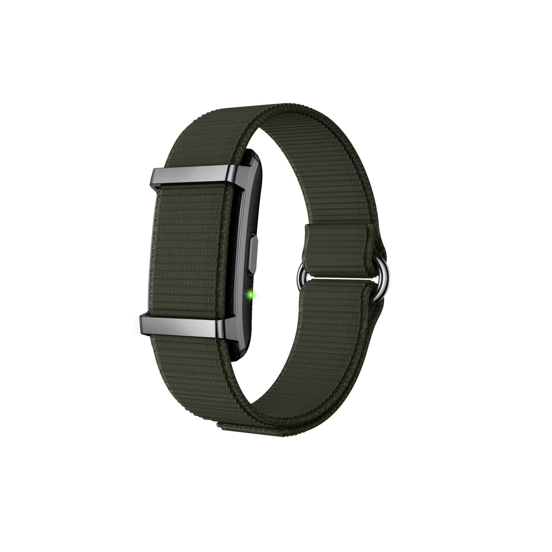 Black watch strap with silver buckle on a white background