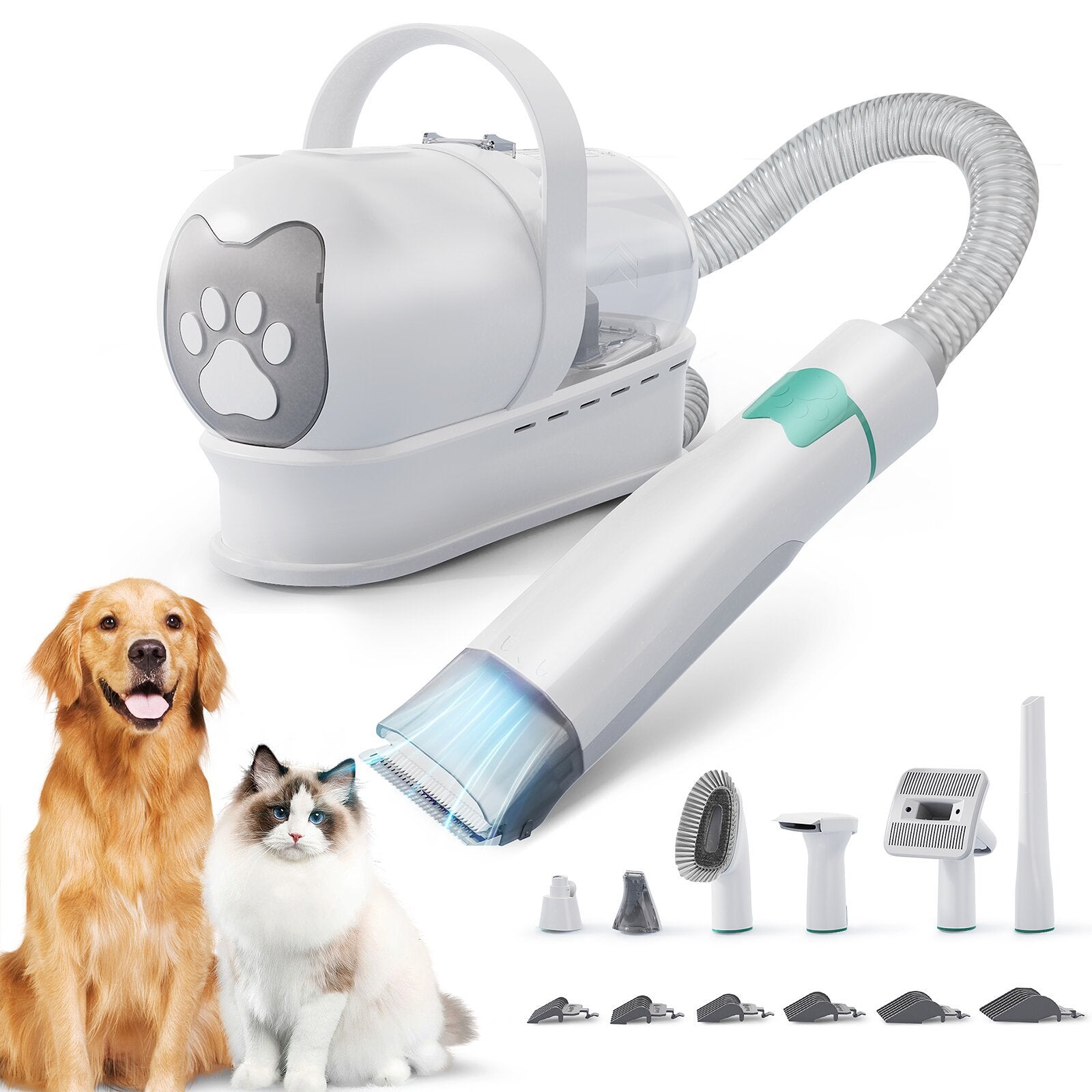 Pet grooming tool with grooming attachments close up